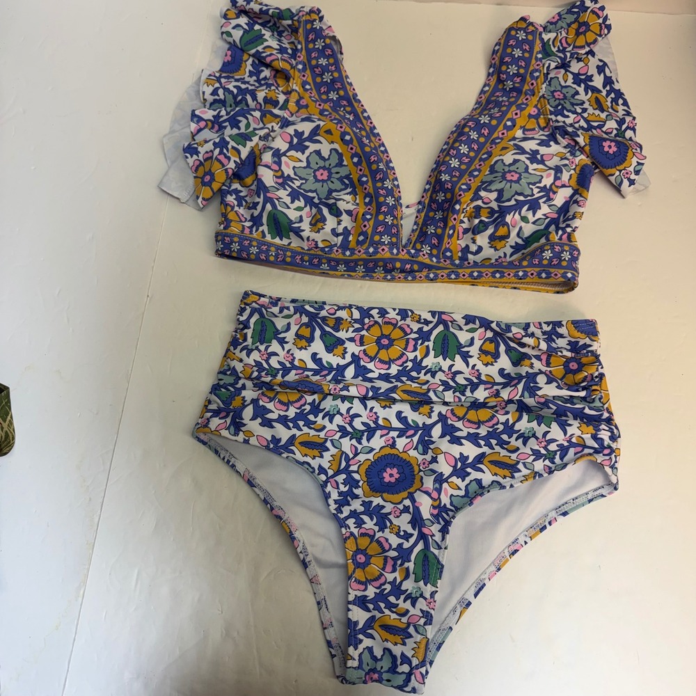 Floral Ruffle Cap Sleeve High Waisted Bikini Set Blue Yellow Boho Swimsuit Small